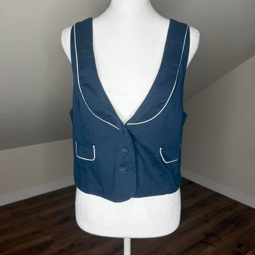 Venus Navy & White Contrast Trim Vest Top Y2K Preppy Nautical Button Front Sz 10
